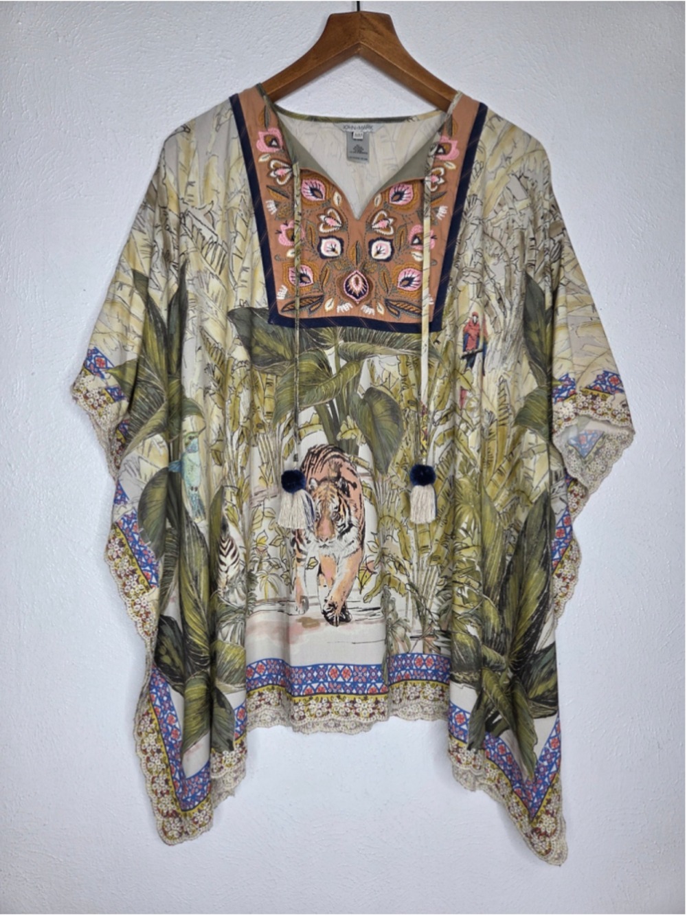 John Mark Jungle Tiger Poncho Women's Size Small/Medium Green Eyelet Embroidery